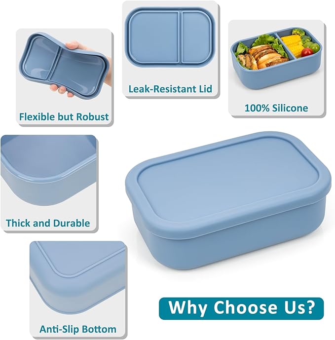 100% Silicone Bento Box Adult with 2 Compartments, 32oz, Reusable Divided Lunch Box Meal Prep Containers for Entree and Side Food Snack Storage, BPA-Free Plastic-Free, Microwave Dishwasher safe, Blue