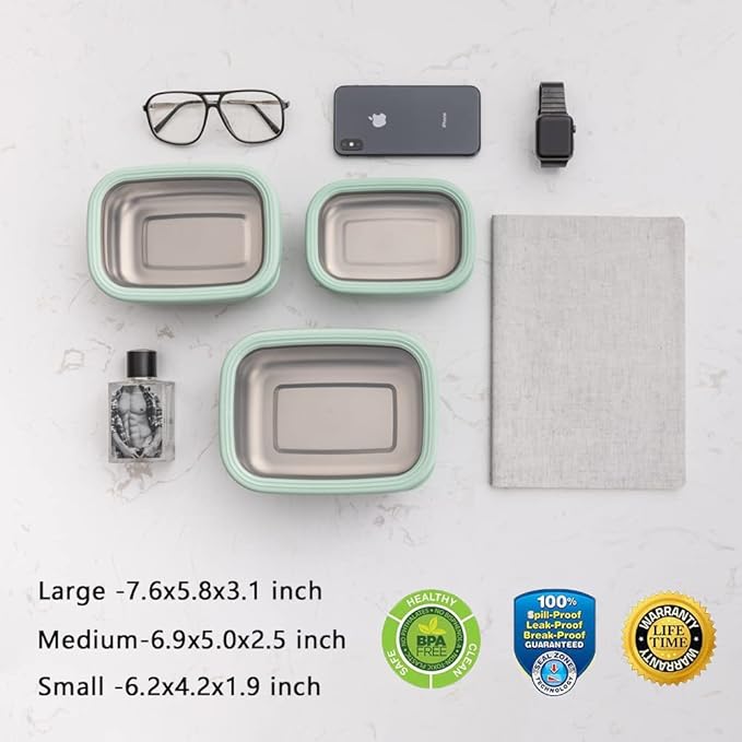 Lille Home Leak Proof Steel Food Containers - Snack Stainless Steel Containers - Ideal for Educational Settings & Daycare - Nesting Trio with Silicone Lids - 47oz+30oz+16oz - Dark Blue