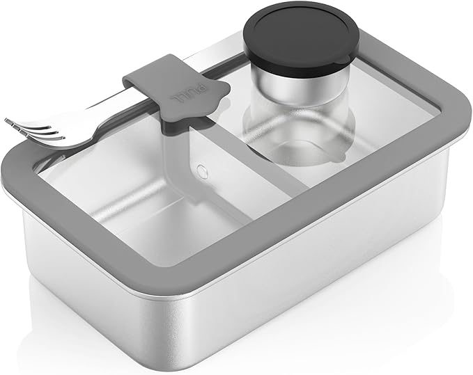 Stainless Steel Bento Box for Adult, 42oz Leak-Proof Lunch Box Containers with Adjustable Divider, Microwave-Safe, Metal Lunchbox with Glass Lid for Work Travel, Silver