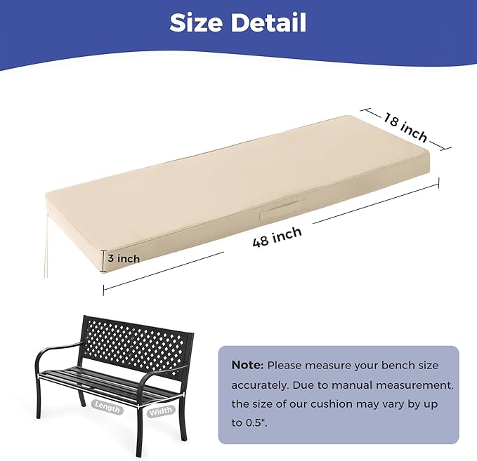 Outdoor Bench Cushions for Outdoor Furniture, 48x18x3 Inch, Waterproof Bench Pillow, Fade Resistant Long Bench Seat Pads for Garden, Indoor, Porch Swing, Beige