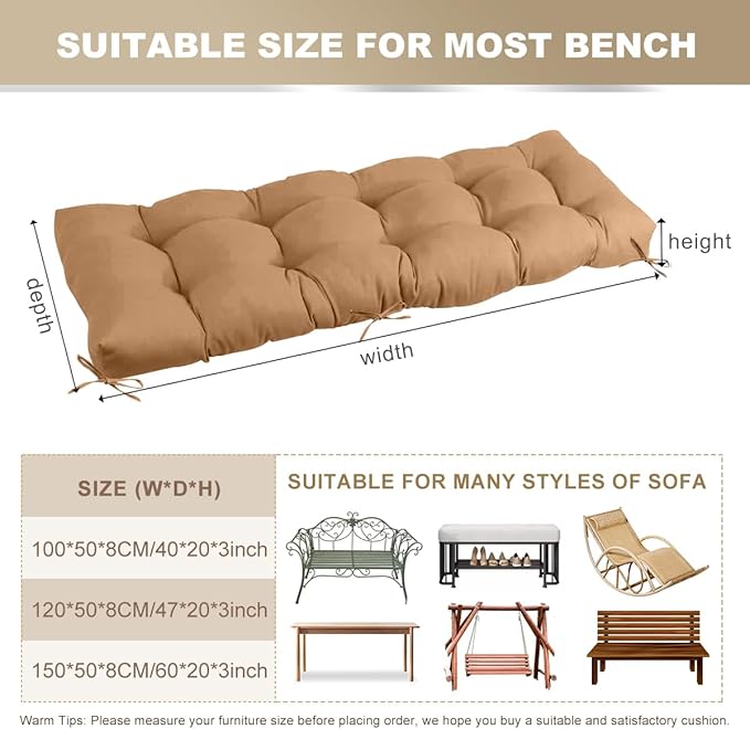 Outdoor Bench Cushion 40inches Waterproof & Fade Resistant Patio Furniture Cushions Tufted Fresh Porch Swing Lounger Loveseat Pads with Straps(Khaki-40x20in)
