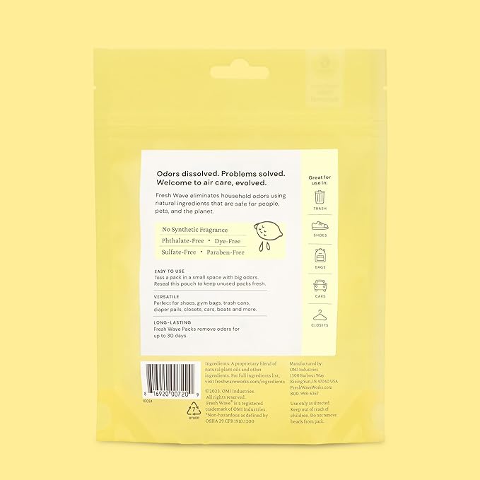 Fresh Wave Lemon Odor Eliminating & Deodorizing Packs | Bag of 6 | Safer Odor Relief for Small Spaces | Natural Plant-Based Odor Eliminator | Odor Absorbers for Home