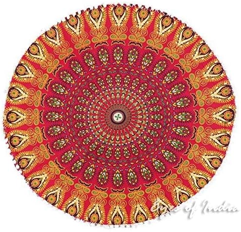 Eyes of India - Mandala Floor Pillow Cover Meditation Cushion Seating Throw Hippie Round Colorful Decorative Bohemian Indian Pouf Ottoman Handmade Cover ONLY (A1 Red, 32" x 32")