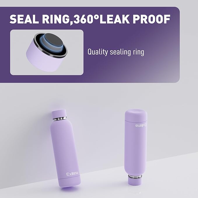 Slim Insulated Water Bottles for Travel 18oz with Clip, Double Wall Vacuum Stainless Steel Water Bottle Keeps Drinks Cold 24 Hrs/Hot 12 Hrs, 100% Leakproof, BPA Free(Purple)