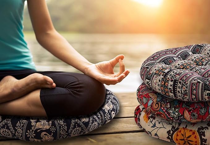 Boho Round Floor Seat Pillows Cushions 22" x 22", Soft Cotton Linen Bohemian Yoga Mandala Meditation Pouf Tatami Floor Pillow Cushion for Living Room Adults & Kids Casual Reading Nooks,Flowers Beige