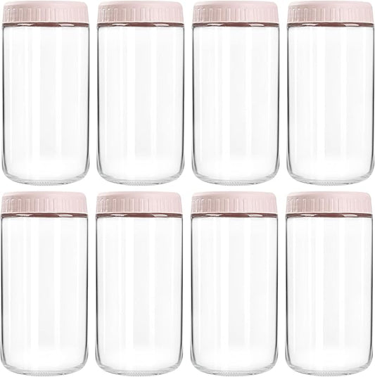 Overnight Oats Containers with Lids, 24oz Glass Jars with Lids 8 pcs, Pink, Wide Mouth Mason jars for Salad, Yogurt, Snacks, Meal Prep