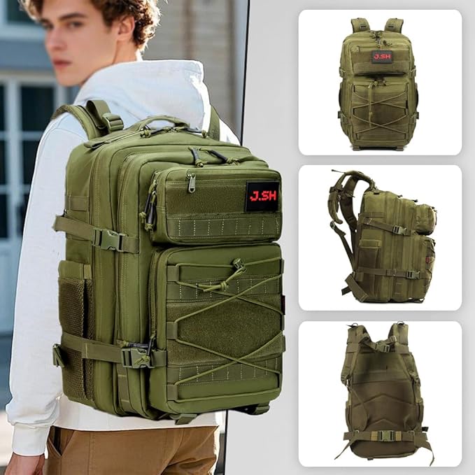 J.SH 45L Large Capacity 3-Day Tactical Backpack, Waterproof & Tear-Resistant, MOLLE System, Adjustable Straps (chest strap and waist strap), Hiking Backpack for Men & Women - Green