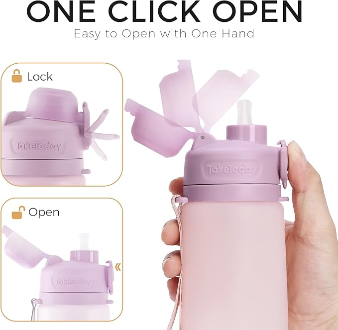 TakeToday Collapsible Water Bottles 20oz, Leak Proof, BPA-Free, Foldable Silicone Travel Water Bottle with Straw Strap for Cycling, Hiking, Outdoors
