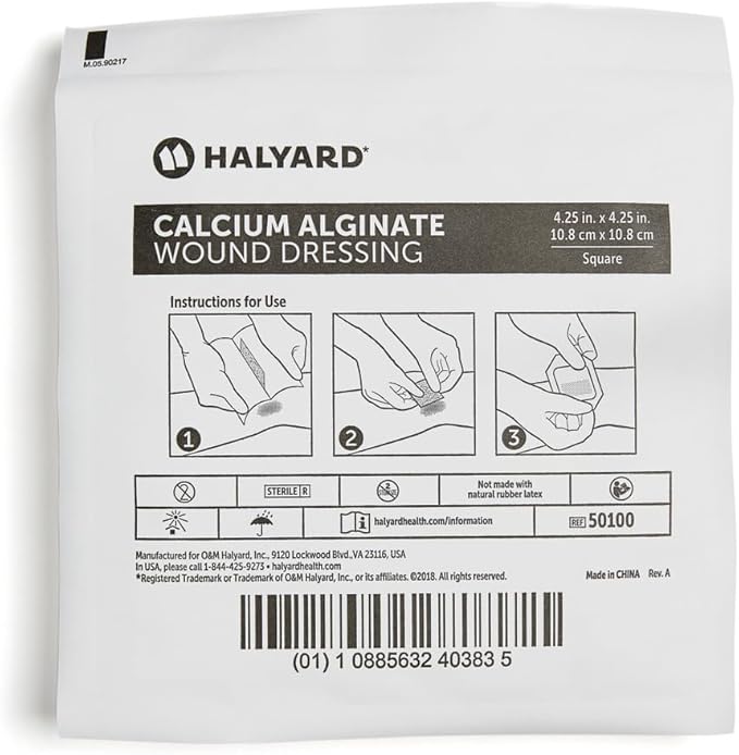 HALYARD Calcium Alginate Wound Dressing, Gentle Adhesive with Highly Absorbent Conformable Design, Maintains Structural Integrity 4.25 Inch x 4.25 Inch (Box of 10)