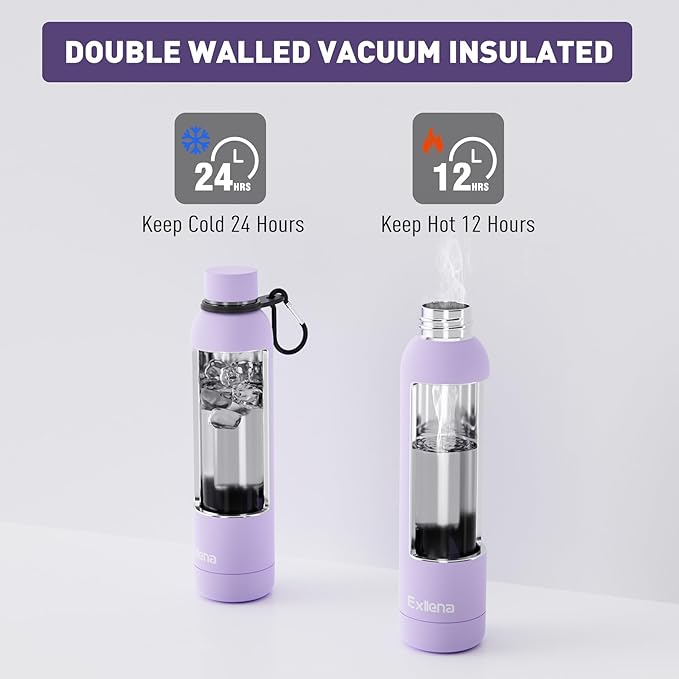 Slim Insulated Water Bottles for Travel 25oz with Clip, Double Wall Vacuum Stainless Steel Water Bottle Keeps Drinks Cold 24 Hrs/Hot 12 Hrs, 100% Leakproof, BPA Free(Purple)