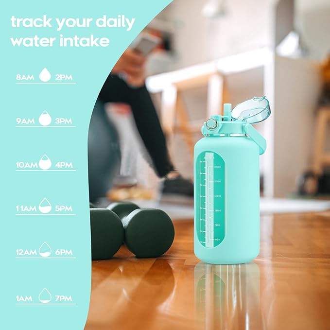 74 oz Glass Water Bolttles with Straw Large Motivational Water Bottle with Time Marker Sports Water Bottles with Silicone Sleeve and Handle Lid 2.2L Water Jug for Gym Workout