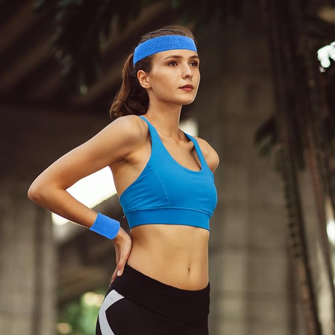 Civaner 12 Pcs 80s 90s Sweatbands Neon Headbands Wristbands for Men Women Party Sports Cotton Headbands Terry Cloth Athletic Sweat Bands for Tennis Football Gym Workingout Accessories