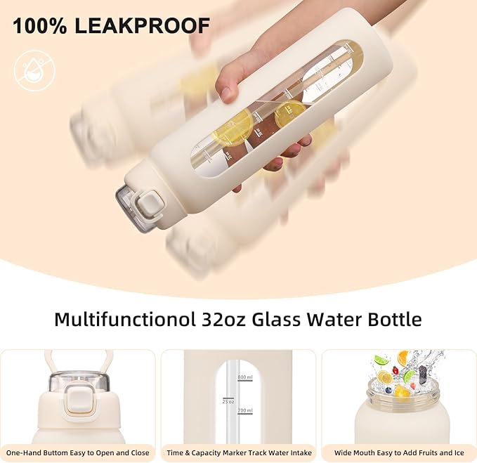 32 oz Glass Water Bottles with 2 Lids-Handle Spout Lid & Straw Lid, 1 Liter Motivational Borosilicate Water Bottle with Time Marker and Silicone Sleeve,Leakproof-White-1 Pack