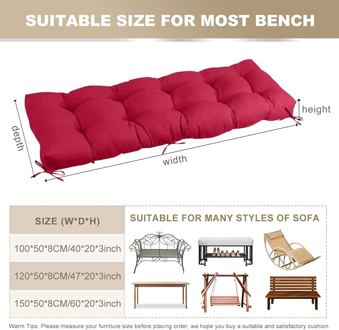 Outdoor Bench Cushion 40inches Waterproof & Fade Resistant Patio Furniture Cushions Tufted Fresh Porch Swing Lounger Loveseat Pads with Straps(Wine red-40x20in)