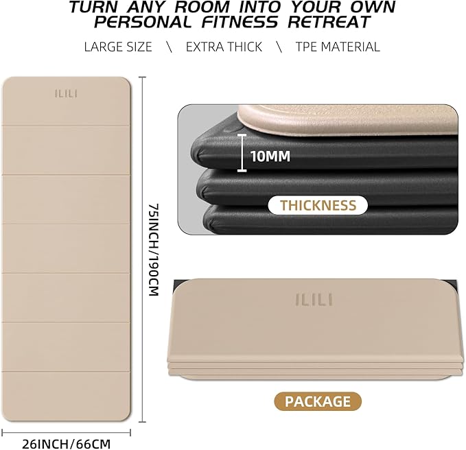 ILILI Foldable Yoga Mat, 10mm Thick, TPE Material, Extra Long 75"L x 26"W, Soft and Comfortable Folding Mat 0.4 Inches, Easy to Carry and Store, 190*66cm Portable Multi-Functional Use for Yoga, Home Exercise & Outdoor