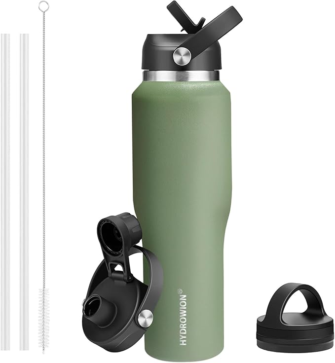 HYDROWION 40 oz Insulated Water Bottle with Straw fit in Car Cup Holder(Cold 48 hrs, Hot 24 hrs) Drinking Bottle with Straw Lid, Spout Lid and Flex Cap Leakproof Travel Thermo Mug，Moss