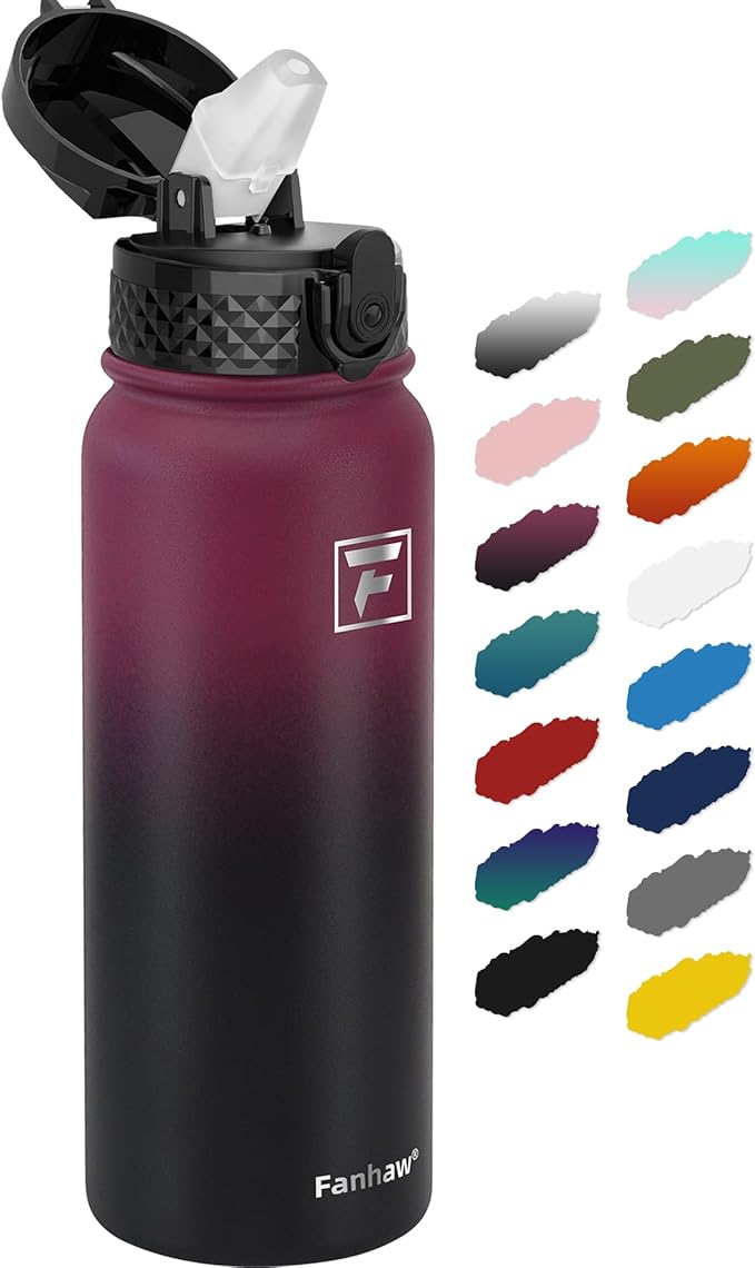 Fanhaw 20 Oz Stainless Steel Insulated Sports Water Bottles with Straw for Kids, Men and Women (Red Black)