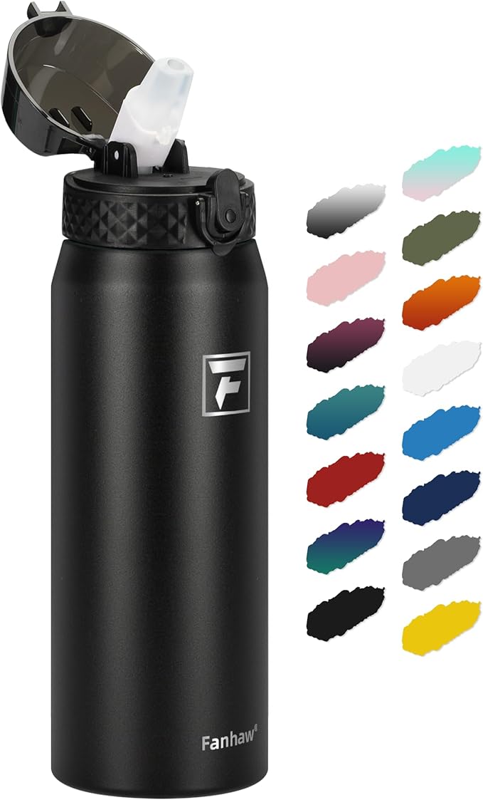 Fanhaw 24 Oz Stainless Steel Insulated Sports Water Bottles with Straw for Kids, Men and Women (Black)