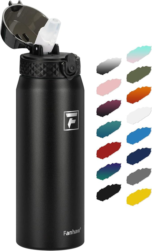 Fanhaw 24 Oz Stainless Steel Insulated Sports Water Bottles with Straw for Kids, Men and Women (Black)