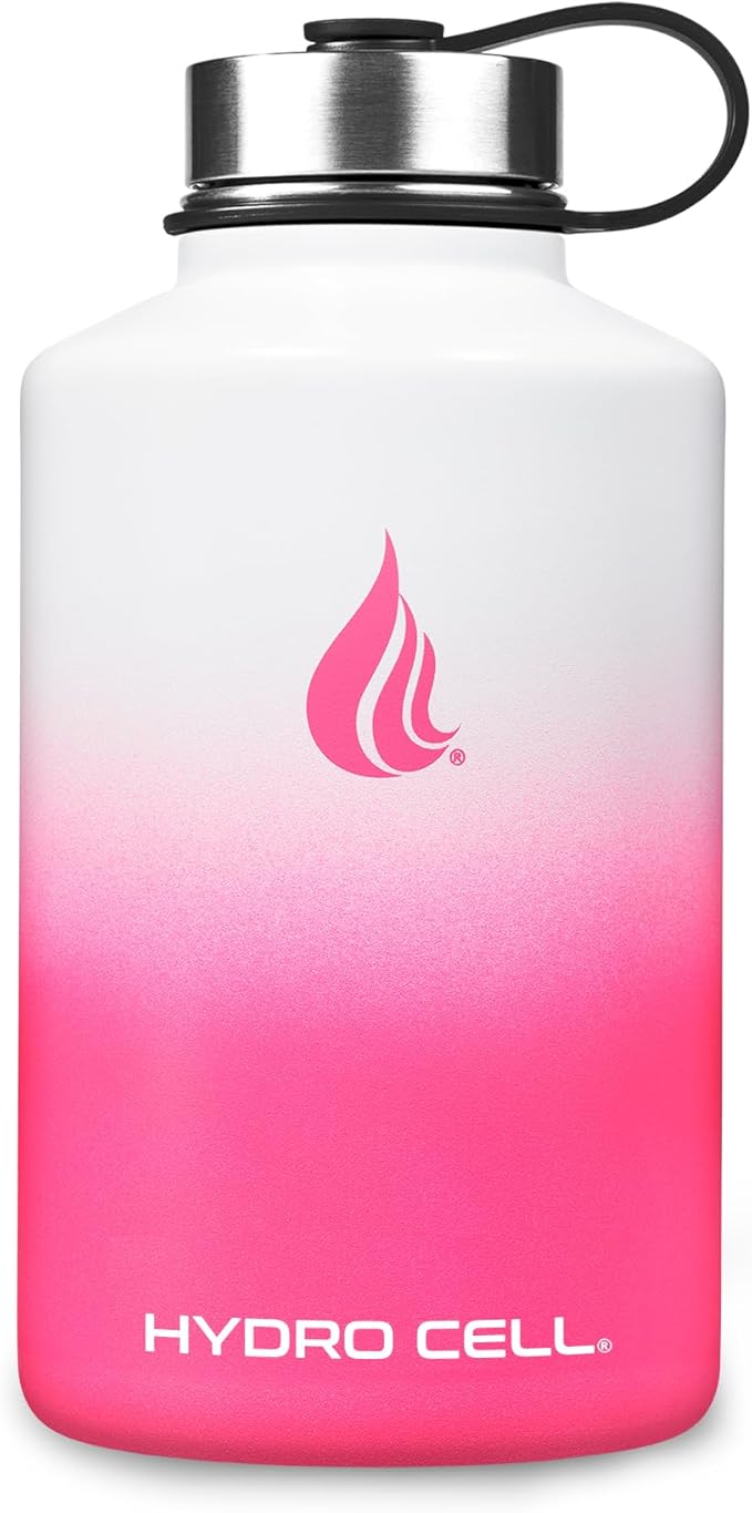 HYDRO CELL Stainless Steel Insulated Water Bottle with Straw - For Cold & Hot Drinks - Metal Vacuum Flask with Screw Cap and Modern Leakproof Sport Thermos for Adults (White/Pink 64oz)