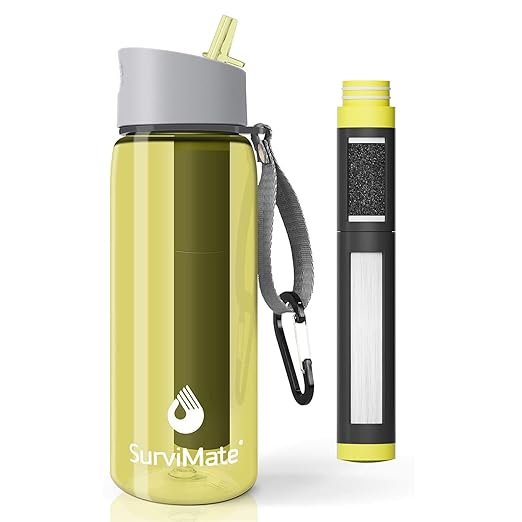Survimate 5-Stage 0.01μm Ultra-Filtration Filtered Water Bottle, BPA-Free Material, NSF/ANSI 42&372 Certified, Portable Water Filter Bottle for Survival, Camping, Hiking, and Emergency Use