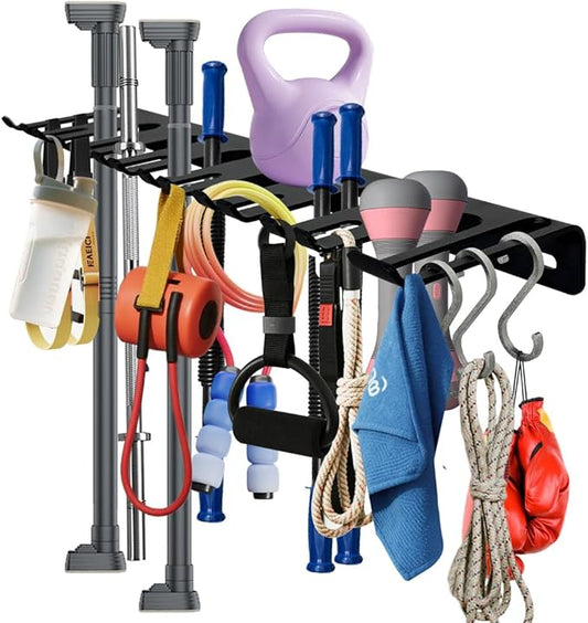 2-Tier Black Barbell Wall Rack + Dual-Mounted Vertical Olympic Barbell Wall Rack .（3 Hooks）. dumbbell rack.Concrete/Wood Screws.(not for 16-inch center walls)