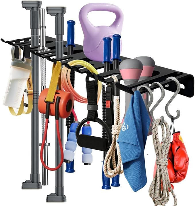 2-Tier Black Barbell Wall Rack + Dual-Mounted Vertical Olympic Barbell Wall Rack .（3 Hooks）. dumbbell rack.Concrete/Wood Screws.(not for 16-inch center walls)