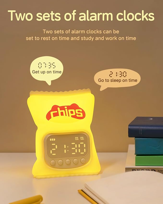 Chips Alarm Clock with Night Light for Kids, Cute Toddler Alarm Clocks for Bedrooms Ok to Wake Clocks for Girls and Boys, Rechargeable Silicone Animal Tabletop Lamp for Kid