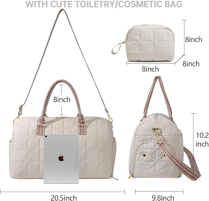 Duffle Bag for Travel, Weekender Bag with Shoe Compartment, Carry On Overnight Bag for Women with Toiletry Bag, Gym Bag with Wet Pocket, Hospital Bags for Labor and Delivery Beige