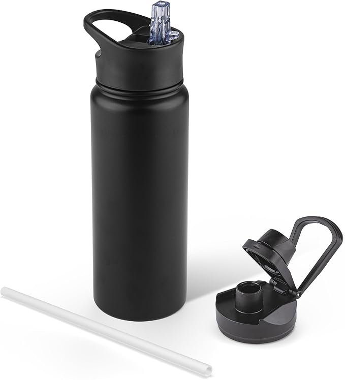 24 oz Insulated Water Bottle with Straw Lid & Wide Mouth Lids, Stainless Steel Sports Water Bottles, Double Walled Vacuum, Leak Proof,Black
