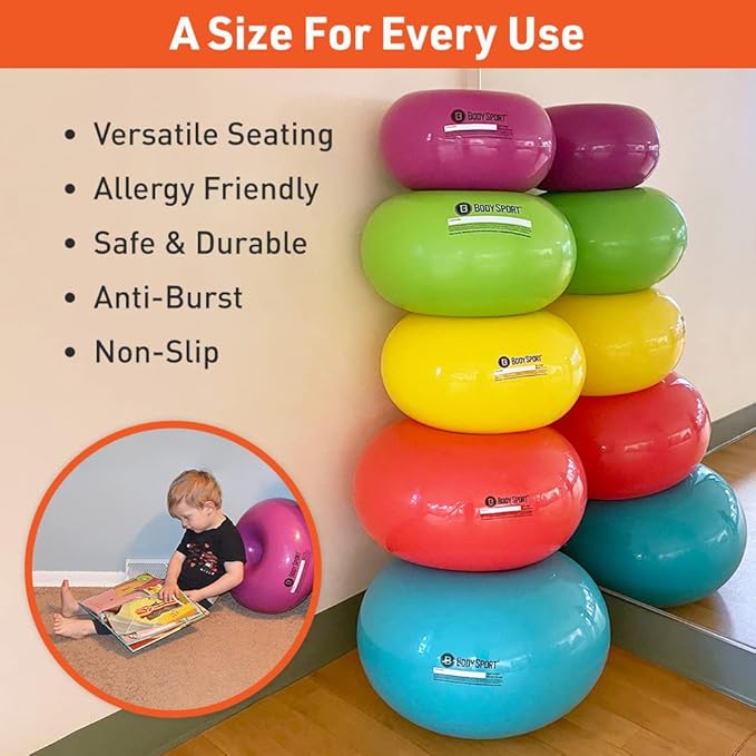 Body Sport Donut Ball – Durable, Inflatable Exercise Ball for Balance & Stability Training, Yoga, & Pilates Workouts – Use in Home, Office, Gym, or Classroom