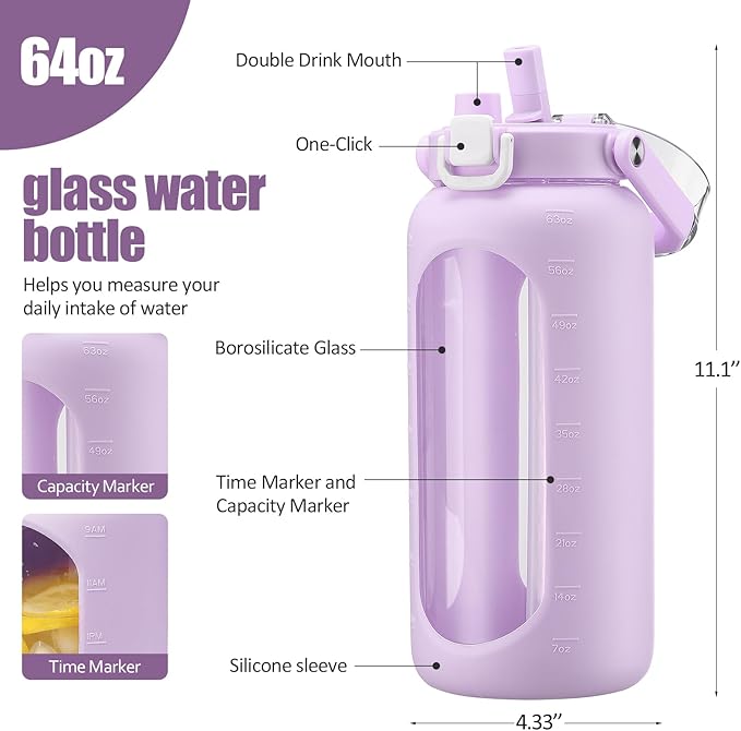 BLUEGO 64oz Glass Water Bottle with Handle and Straw, Motivational Sports Water Bottle with Time Marker and Silicone Sleeve Leakproof Drinking Bottle for Travel Gym Workout, Purple