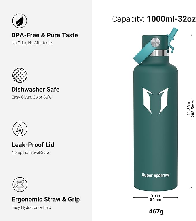 Super Sparrow Insulated Water Bottle - 17 Oz / 25 Oz / 32 Oz - Standard Mouth FlipFlow Flask - BPA Free, Leak Proof Drink Bottle- Ergonomic Straw Water Bottles for Work, Gym, Travel, Sports