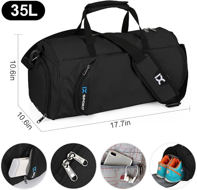 INOXTO Small Sports Gym Bag，Travel Duffel Bag with Dry Wet Pocket and Shoes Compartment for Women and Men，35L Waterproof Weekender Fitness bag For Swim Sports Travel Working Out (black)