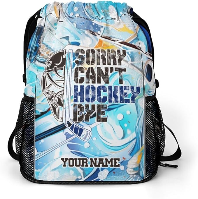 Custom Hockey Drawstring Backpack - Cool Cinch Sack, String Backpacks with Pocket for Kids Women Men Boys Girls for Gym Outdoor Sports Travel Athletic Drawstring Bag - Lightweight/Foldable