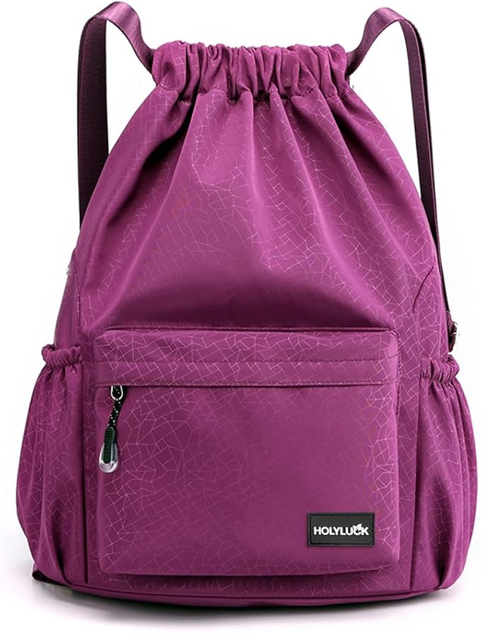 HOLYLUCK Drawstring Backpack Sports Gym Bag Water Resistant String Bag Cinch Sackpack with Side Zipper Pocket for Shopping Sport Yoga-purple