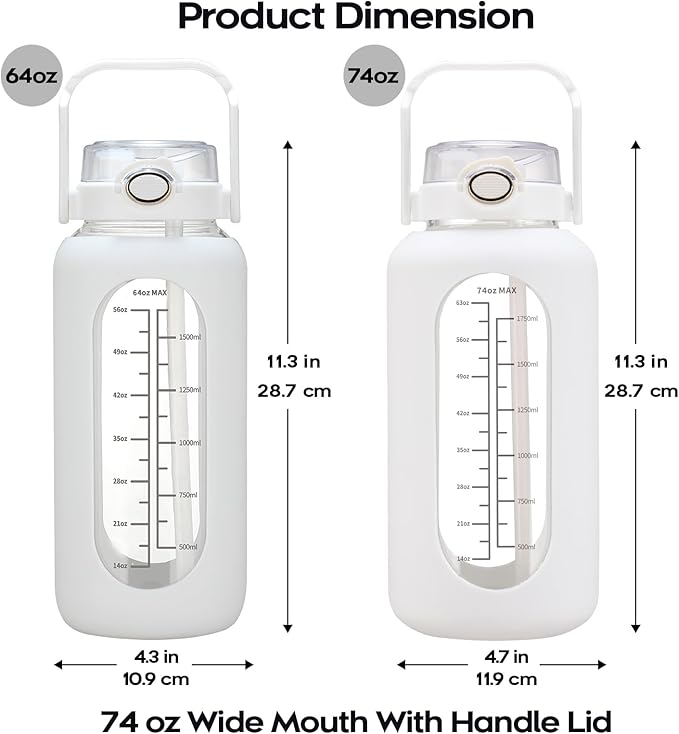 74 oz Glass Water Bolttles with Straw Large Motivational Water Bottle with Time Marker Sports Water Bottles with Silicone Sleeve and Handle Lid 2.2L Water Jug for Gym Workout