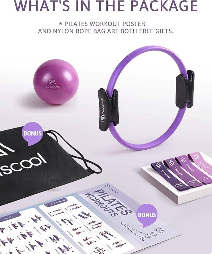 LIONSCOOL Pilates Ring Set – 14" Anti-Deformation Magic Circle with Padded Handles, Mini Ball, Resistance Bands, Guide & Bag