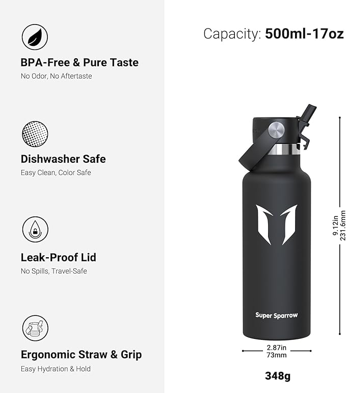 Super Sparrow Insulated Water Bottle - 17 Oz / 25 Oz / 32 Oz - Standard Mouth FlipFlow Flask - BPA Free, Leak Proof Drink Bottle- Ergonomic Straw Water Bottles for Work, Gym, Travel, Sports