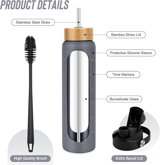 32 oz Glass Water Bottles - 1 Liter Motivational Tumbler Water Bottle Time Marker - Borosilicate Glass Water Bottle With Silicone Sleeve and 2 Lids, Handle Spout & Bamboo Straw Lid
