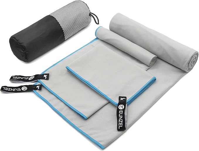 Eunzel Quick Dry Camping Towel, Microfiber Travel Towel 3 Size at 1 Pack,Fast Drying Towel Set for Camping, Beach, Gym, Sports, Yoga & Swimming Pool, Light Grey