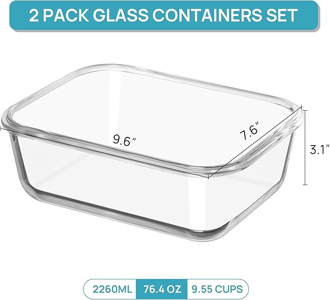 Vtopmart 2Pack 2260ml/ 76.4oz Large Glass Storage Containers with Lids, Meal Prep Food Container Set with Snap Airtight Lid for Baking, Microwave, Oven, Leak Proof, for Freezer, Dishwasher, Grey