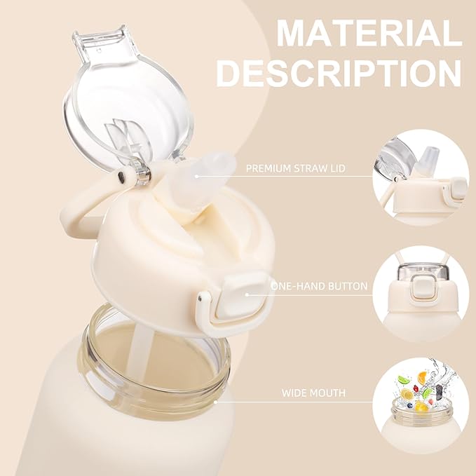 32 oz Glass Water Bottles with 2 Lids-Handle Spout Lid & Straw Lid, 1 Liter Motivational Borosilicate Water Bottle with Time Marker and Silicone Sleeve,Leakproof-White-1 Pack