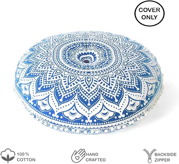 Eyes of India - Mandala Floor Pillow Cover Meditation Cushion Seating Throw Hippie Round Colorful Decorative Bohemian Indian Pouf Ottoman Handmade Cover ONLY (Omb-Blue, 32" x 32")