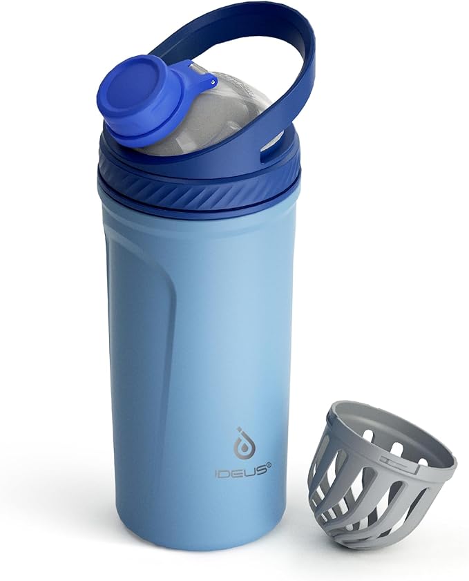 Ideus Protein Shaker Bottle 24oz(710ml) Insulated Stainless Steel Shaker Bottle with Silent Tritan Ball Portable Pre Workout Shaker Cups for Protein Shakes, Smoothies, Cocktails, Blue