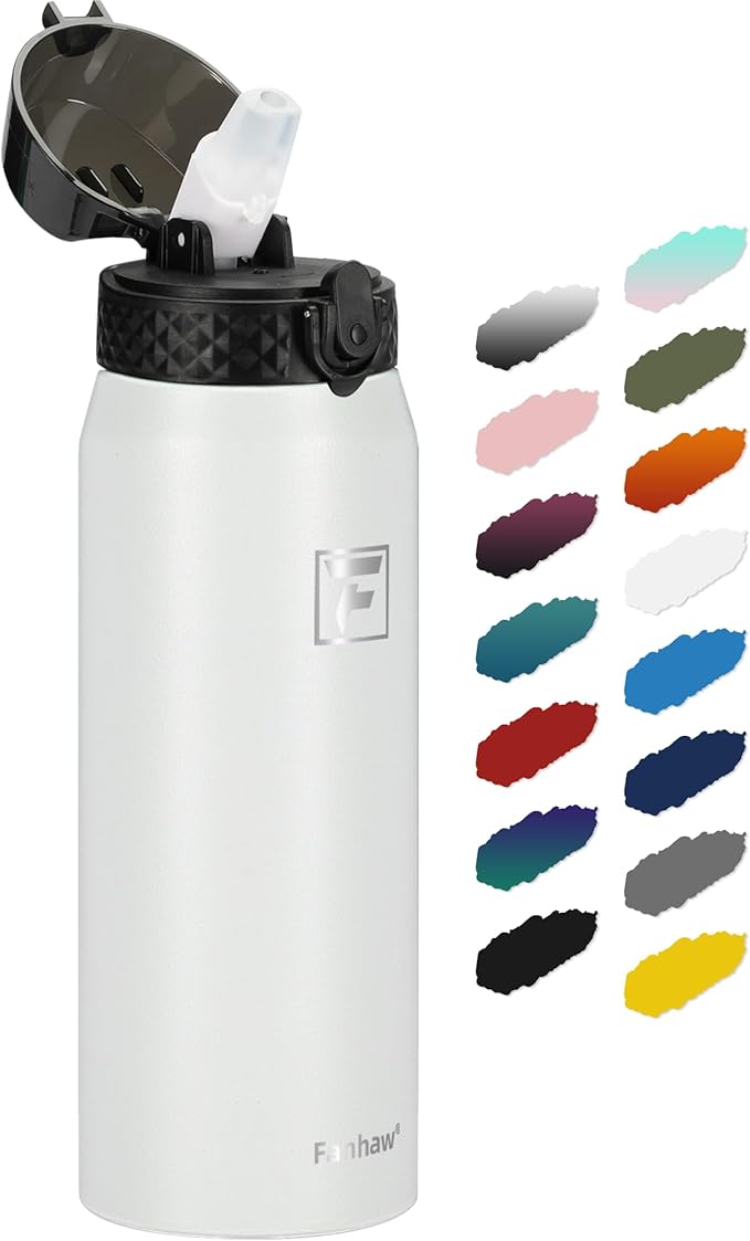 Fanhaw 24 Oz Stainless Steel Insulated Sports Water Bottles with Straw for Kids, Men and Women (White)