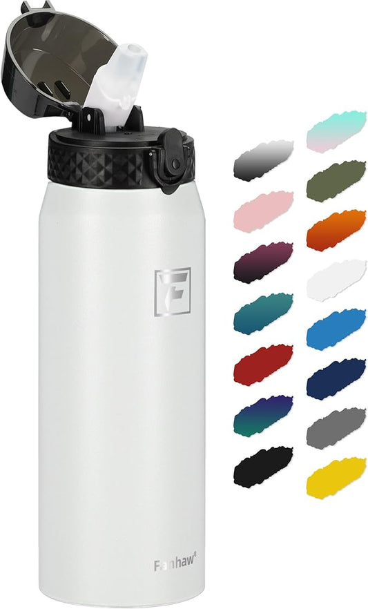 Fanhaw 24 Oz Stainless Steel Insulated Sports Water Bottles with Straw for Kids, Men and Women (White)