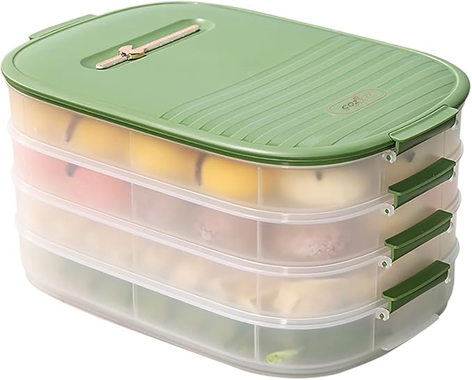 4-Layer Dumpling Storage Container – Freezer Organizer with Smart Timer, Good Sealing, Stackable Food Containers, Anti-Stick Base & Clip Lid (Green Lid & Transparent Box)