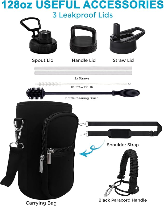 Travel Water Bottle with Carrying Bag, 3 Lids (Spout, Straw, Handle), and Bottle Brush; Leak Proof, Quality, Vacuum Insulated, Stainless Steel (Cascade Shadow, 128 oz)