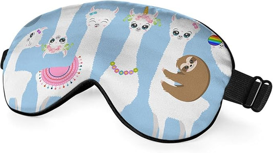 White Llamas Sleep Mask Eye Mask Alpaca Sloth Rainbow Glasses Llamas Cute Flowers Blue Sleep Mask Light Blocking Adjustable Smooth Soft Eye Masks for Women Deep Rest Travel